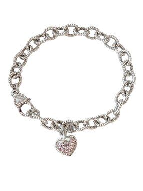 Sterling Silver 925 Ribbed Link Pink Crystal Ribbon Heart Charm Bracelet, L51
